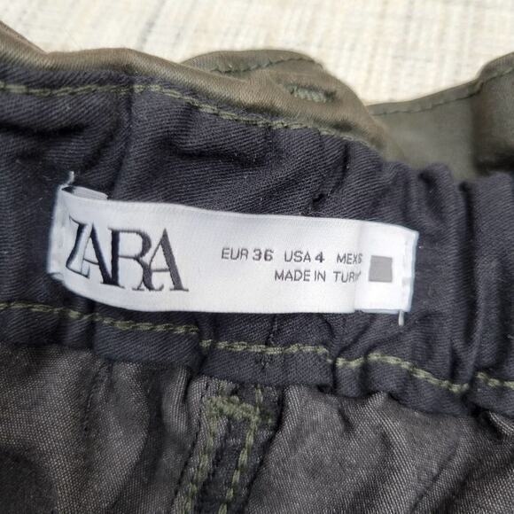 ZARA Coated Paperbag Olive Green Pants 4 - Picture 4 of 8